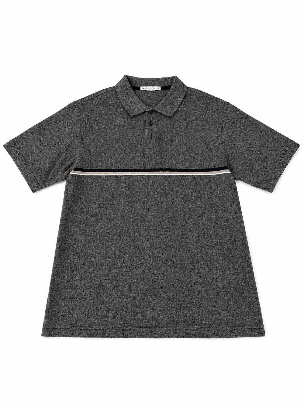 Geoffrey Beene Men’s Medium Gray Polo Shirt Black Cream Stripe Short Sleeve